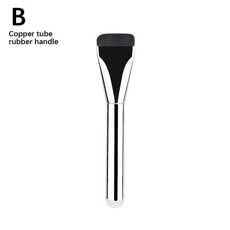Flat-top foundation brush with lightweight concealer, aluminum tube and wooden handle.